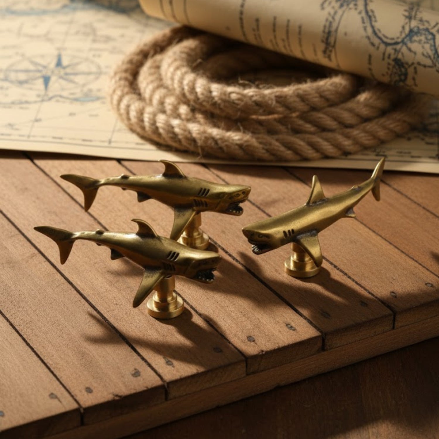 OCEANIX Aged Brass Shark Cabinet Handles | Whale & Shark Drawer Knobs