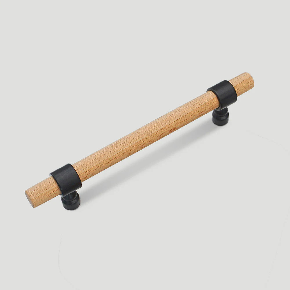 Single modern wood drawer handle with black metal brackets.