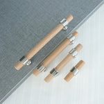 wood drawer handles with silver brackets in 4 different sizes.