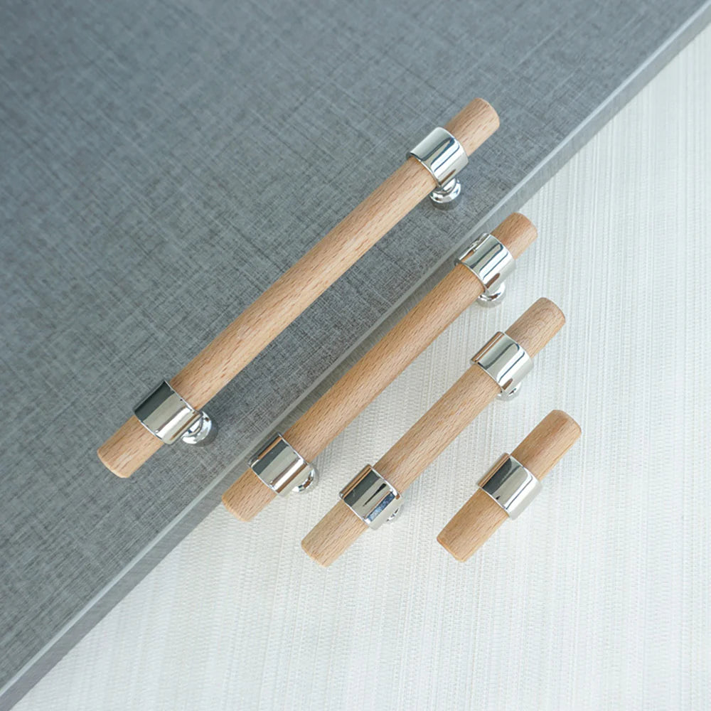 wood drawer handles with silver brackets in 4 different sizes.