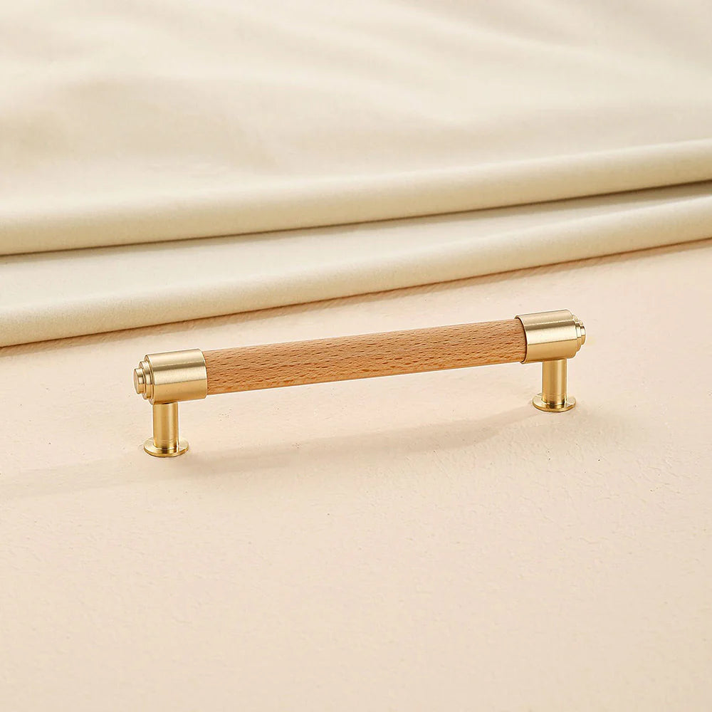 Beech wood brass cabinet handle with gold base.