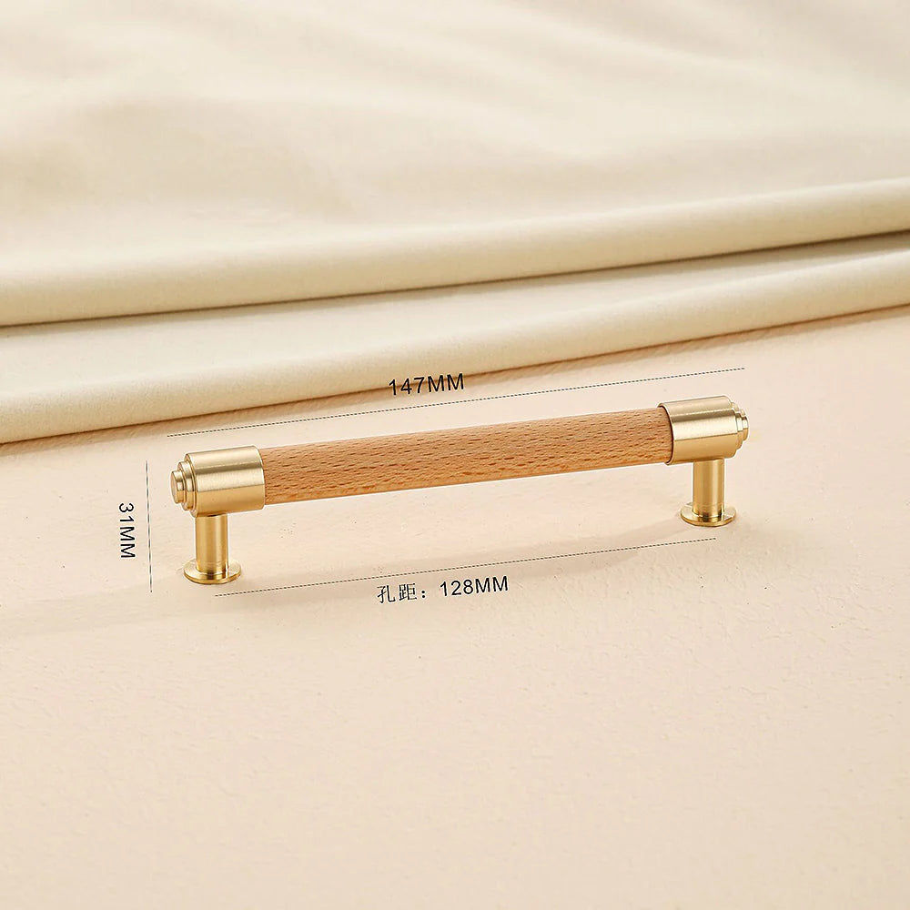 Wood brass cabinet handle, 128mm hole center dimension.