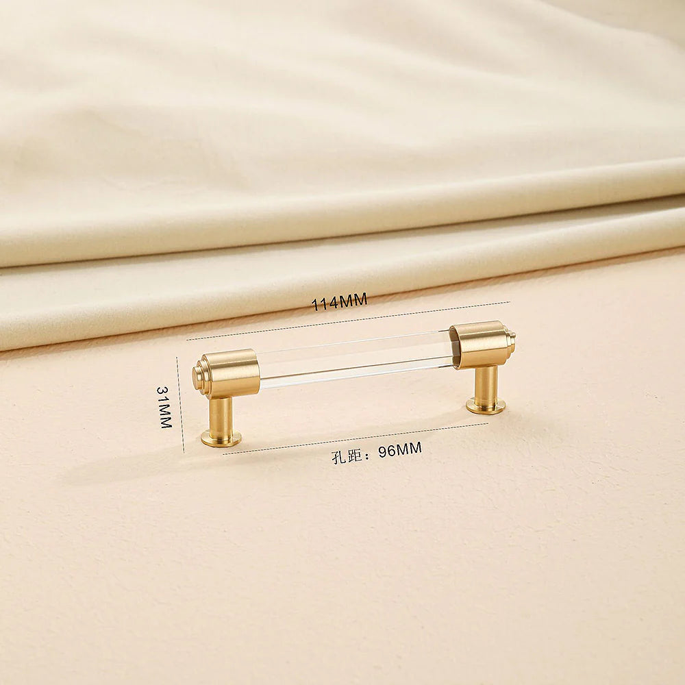 Crystal brass cabinet handle with 114mm hole center dimension.