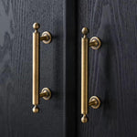 Pair of brass cabinet handles on a dark wooden door