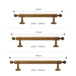 Measurement chart of three brass cabinet handles with dimensions and pitches.