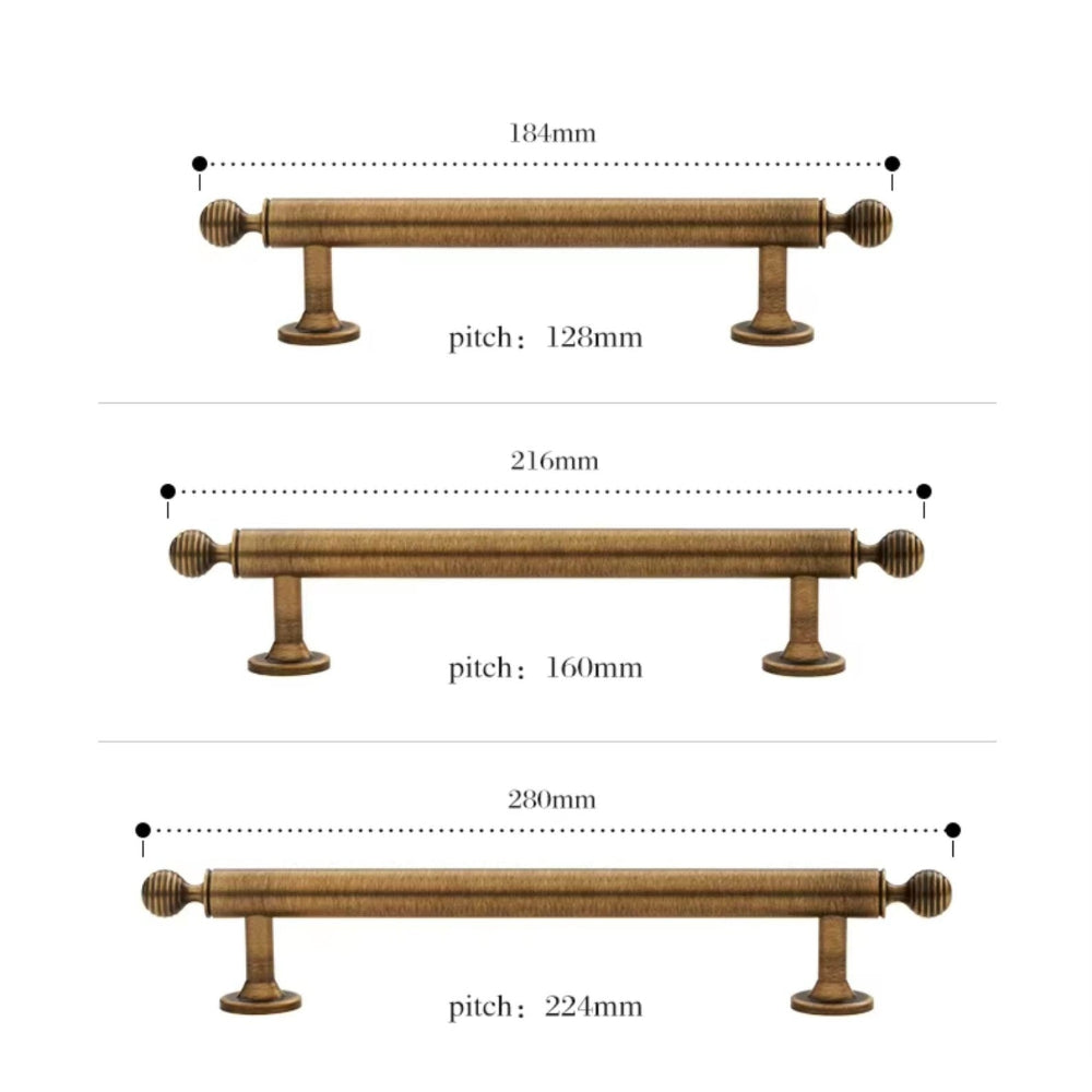 Measurement chart of three brass cabinet handles with dimensions and pitches.
