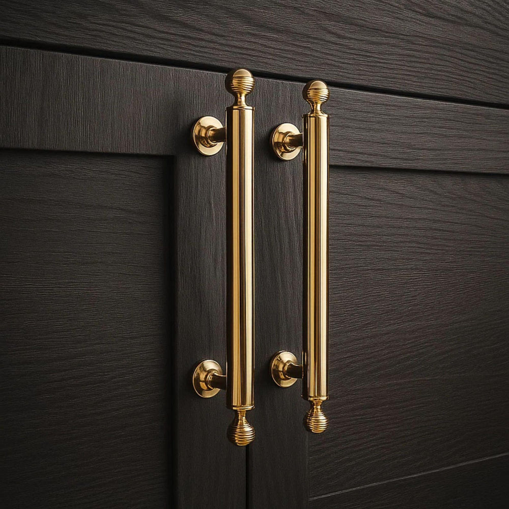 Gold cabinet handles on a dark wooden door