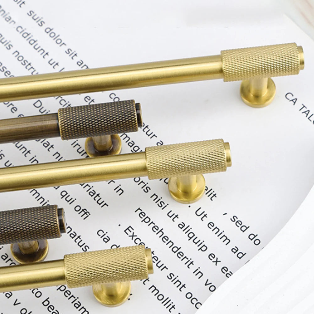 Brass cabinet hardware T-bar handle with knurled ends