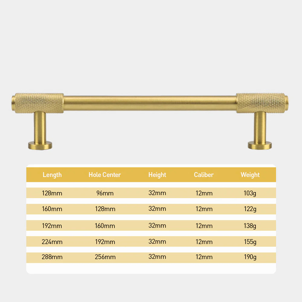 Dimensions of Knurled brass cabinet handle with antique gold finish