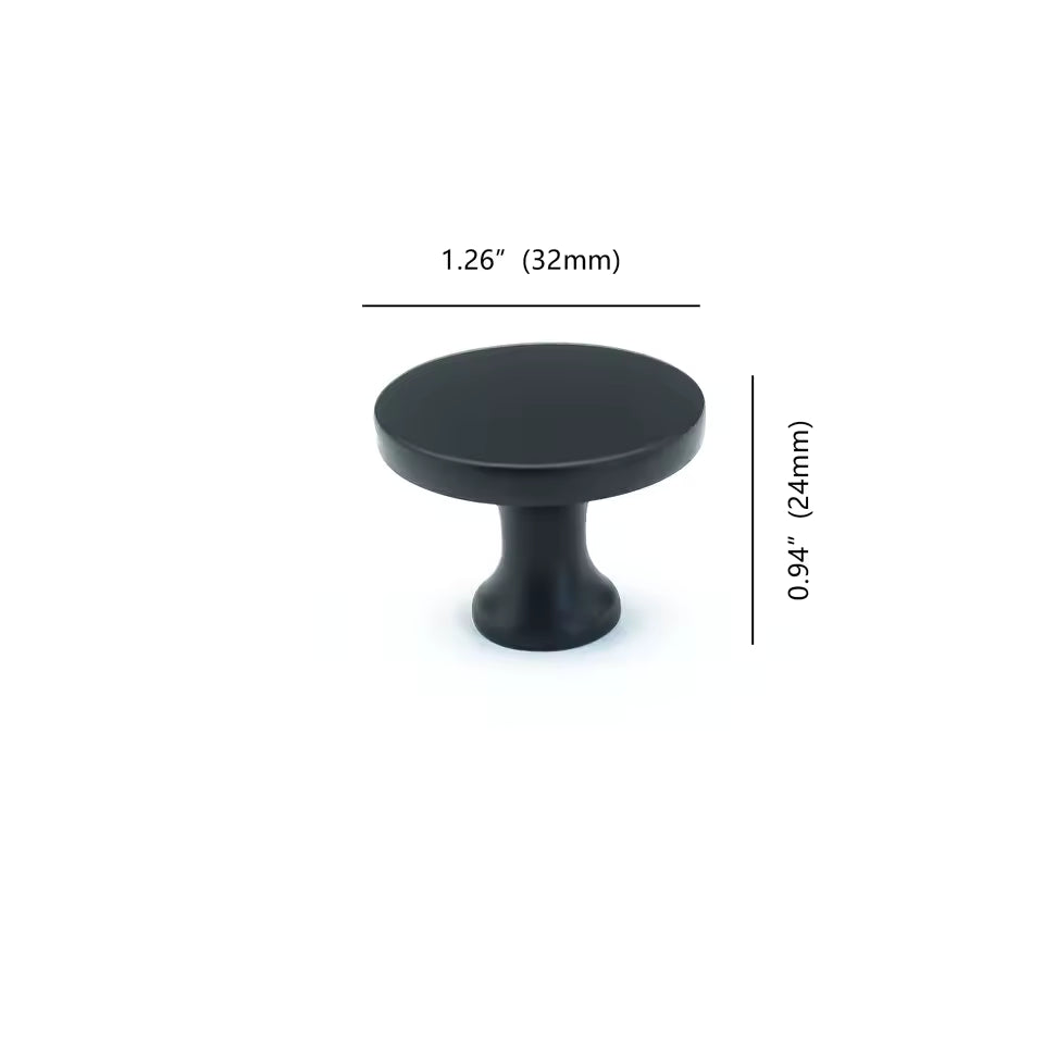 Black cabinet knob with measurements on a white background