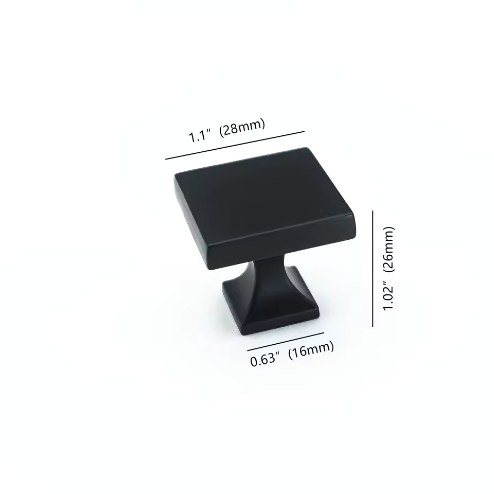 Black cabinet knob with dimensions labeled on a white background