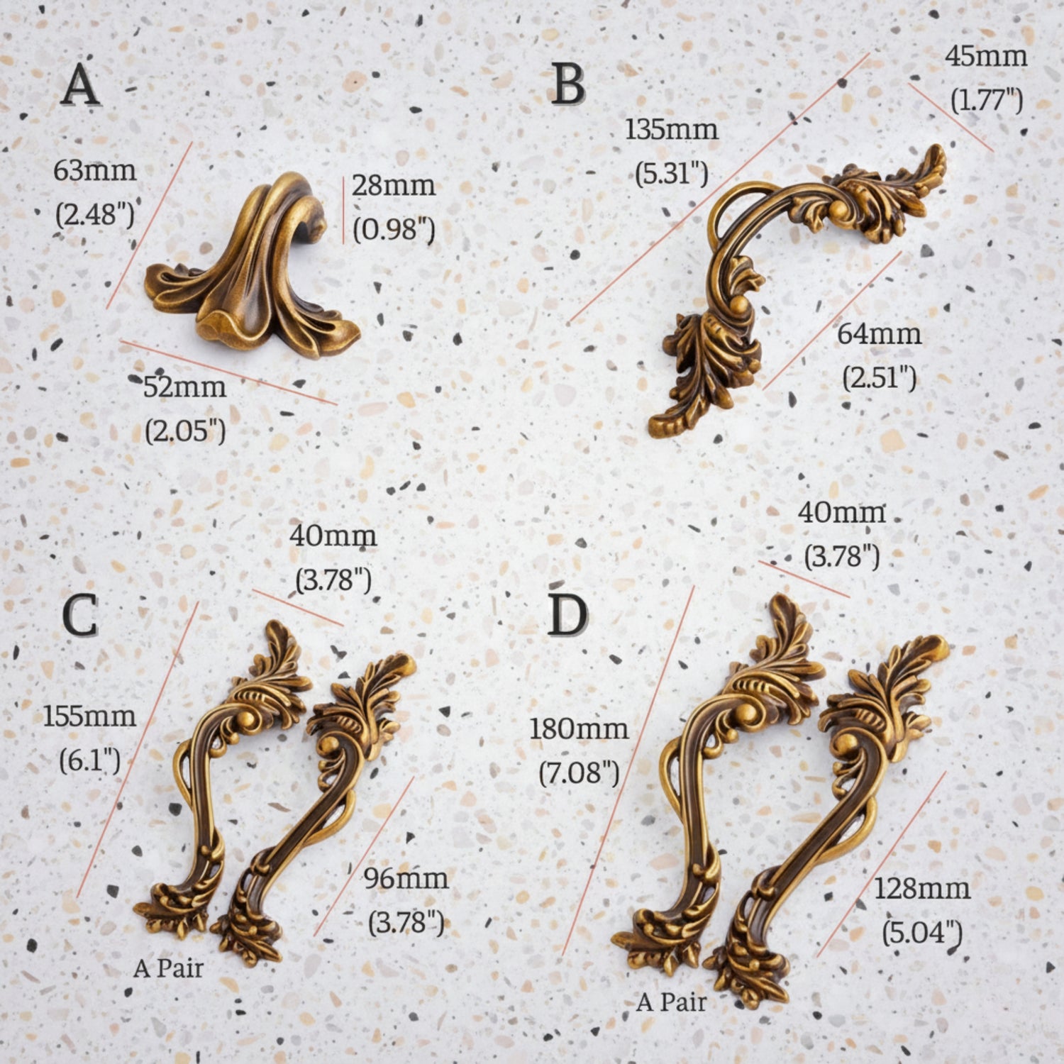 5 PCS - BAROQUE Antique Brass Cabinet Hardware Leaf Design (Style D)