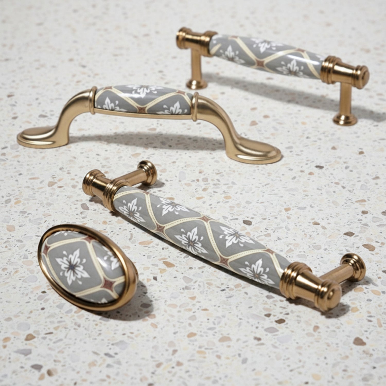 Vintage Floral Ceramic Drawer Pulls & Brass Cabinet Knobs